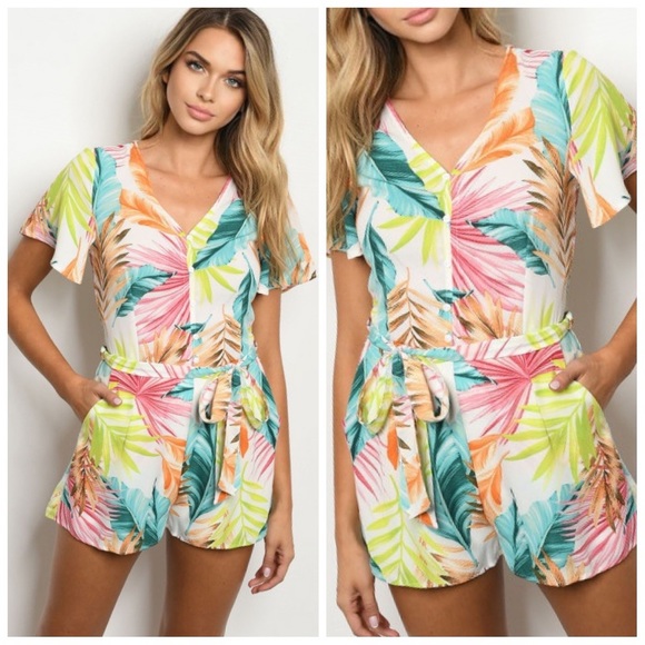 White tropical palm leaf romper - Picture 1 of 3